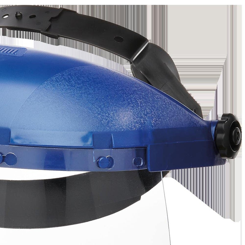 Sellstrom Single Crown Safety Face Shield with Ratchet Headgear, Clear Tint, Uncoated, Blue, 8" x 12" x .040, S39110 8" x 12" x .040" Ratcheting Suspension, Clear Tint, Uncoated