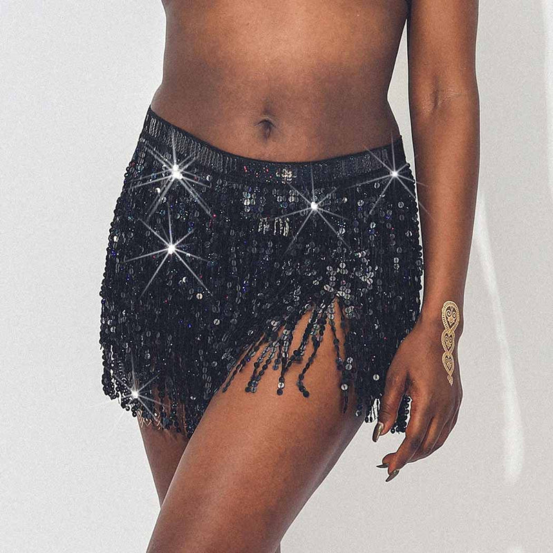 Zoestar Boho Sequin Tassel Hip Scarf Multilayer Belly Dance Belt Dance Performance Skirt for Women and Girls Black