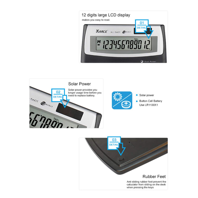 KARCE KC-560T-12, 12-Digits Large Desktop Tax Calculator, Black