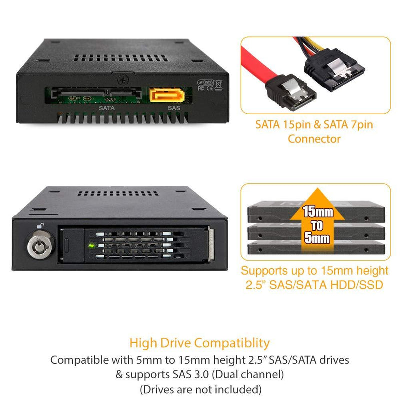 ICY DOCK Rugged Full Metal 2.5 SATA/SAS HDD & SSD Hot Swap Mobile Rack for 3.5 Drive Bay - ToughArmor MB991IK-B