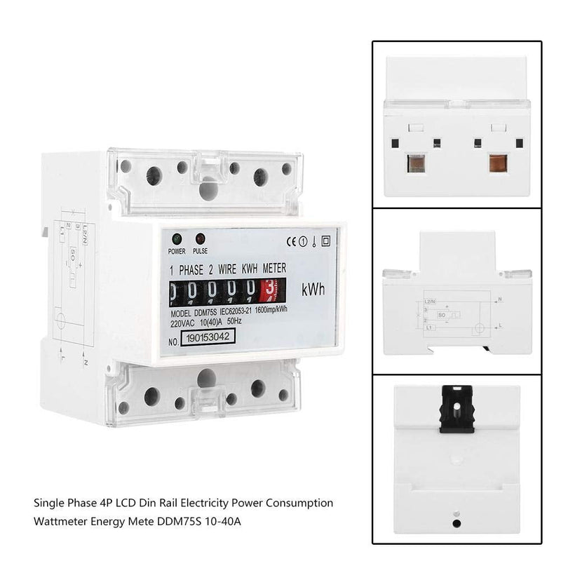 Energy Meter, DDM75S Single Phase 4P Din Rail Energy Meter Electric Meter, Power Consumption Meter Kwh Meter with 5+1(99999.1KWh) Digital Display, 10-40A