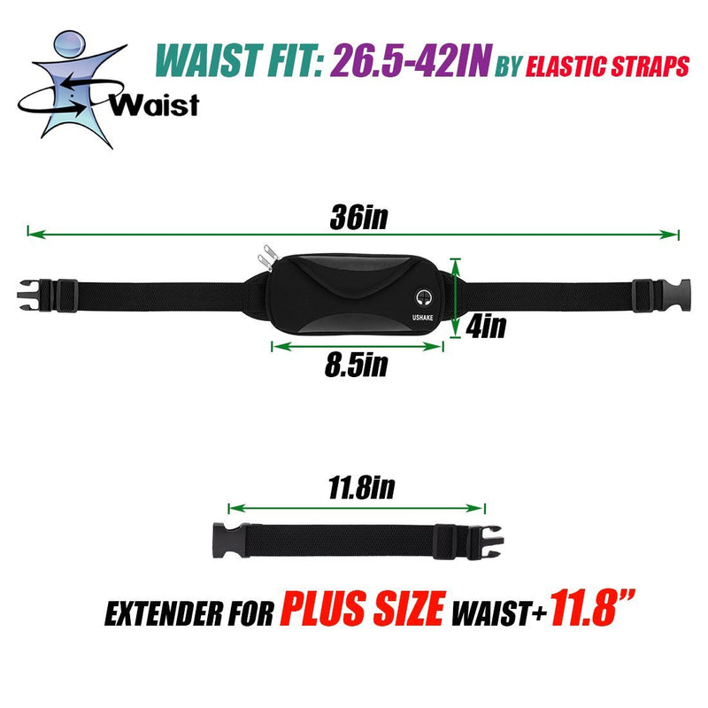 USHAKE Running Belt with Extender Belt, Bounce Free Pouch Bag, Fanny Pack Workout Belt Sports Waist Pack for Apple iPhone Samsung Note Galaxy in Running Walking Cycling-05BK