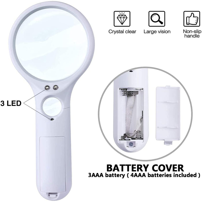 3X 45X LED Lighted Magnifying Glass,Batteries Included,Illuminated Handheld Magnifier with Light,for Seniors Reading,Macular Degeneration,Newspaper, Antique, Exploring, Map, Stamp White