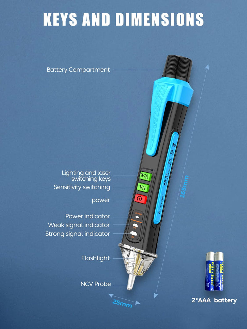 Aicevoos A1 Voltage Tester Non-Contact/Current Tester Non-Contact Range AC 12-1000V/48V-1000V, Live/Null Wire Tester, Electrical Tester with Flashlight, Summer Alarm Blue