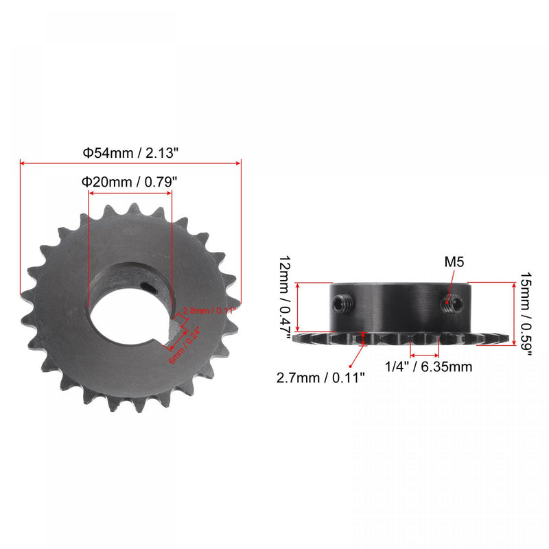 uxcell 25 Tooth Roller Sprocket B Type, 25 Chain, Single Strand 1/4" Pitch, 20mm Bore Black Oxide C45 Carbon Steel, Keyway with Set Screws for ISO 04C