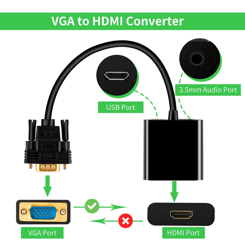VGA to HDMI Adapter, 1080P VGA Male to HDMI Female Converter for Computer, Desktop, Laptop, PC, Desktop, Monitor, Projector, HDTV