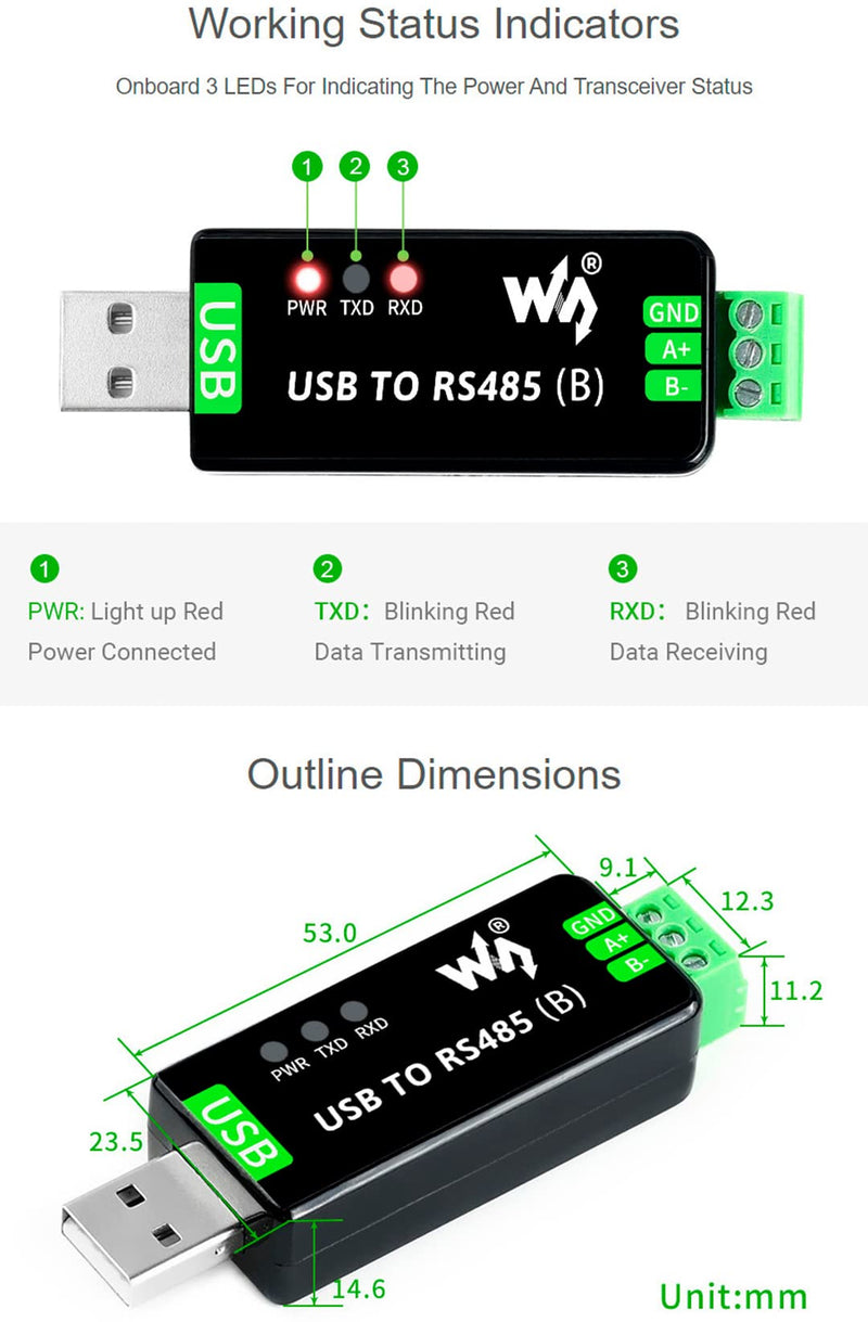 Industrial USB to RS485 Bidirectional Converter Onboard CH343G Chip, Multi-Protection Circuits 300bps-3Mbps Baudrate Support Linux,Android,Wince,Win10/8.1/8/7/XP, Up to 1.2km Transmission Distance