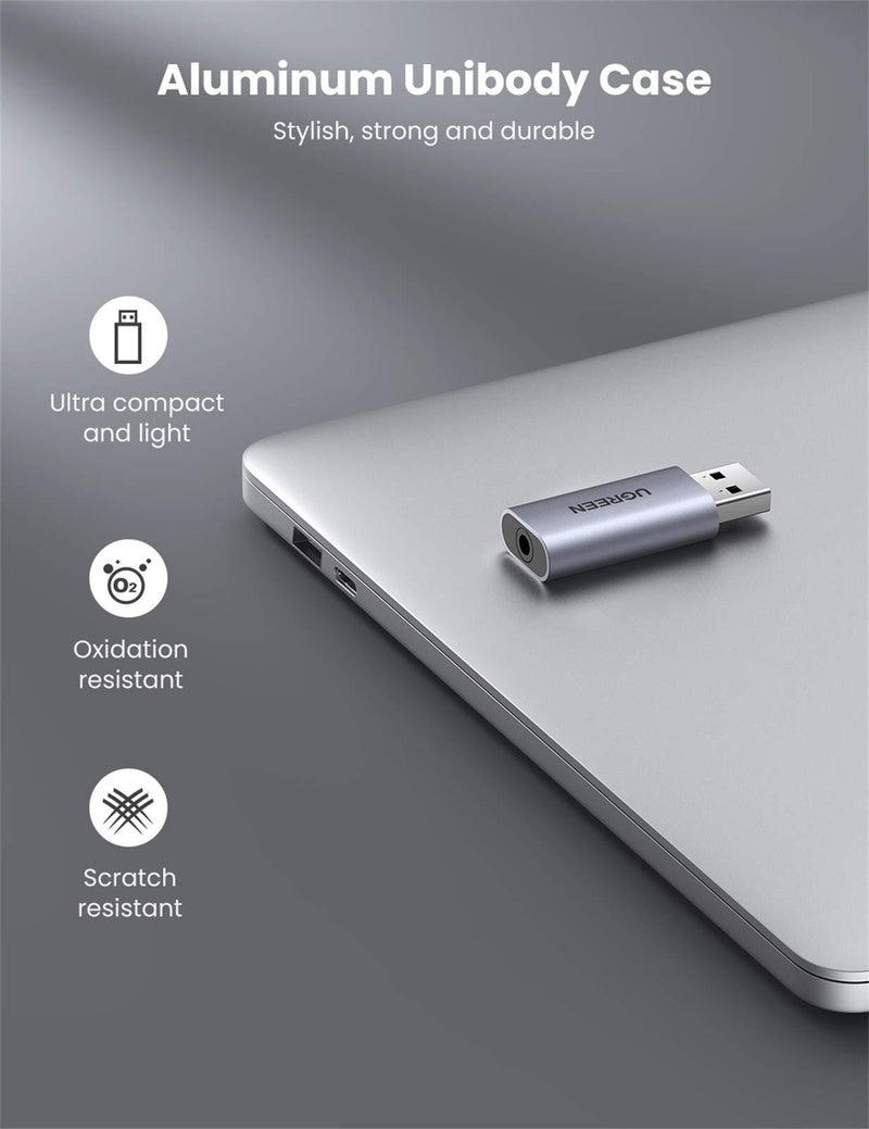 UGREEN USB External Sound Card Audio Adapter 2 in 1 USB to 3.5mm Jack Audio Adapter Aluminum Stereo Sound Card for Windows Mac PS5 Linux PC Laptops Desktops