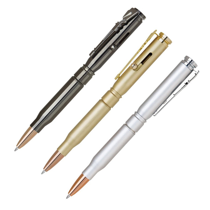 Brass Bullet Shaped Ballpoint Pen with Rifle Design Clip, Gun Metal