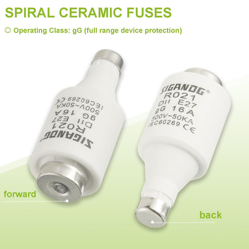 SIGANDG 16A DII E27 R021 Spiral Ceramic Fuses gG Diazed Fuse Inserts 500VAC for Cable and Line Protection (Pack of 10)