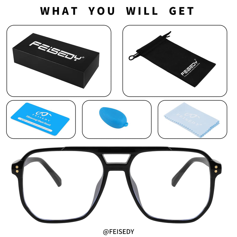 FEISEDY Blue Light Blocking Glasses Fake Nerd Clear Square Computer Lightweight Aviator Glasses Frame Oversized B2866 Black Frame 54 Millimeters