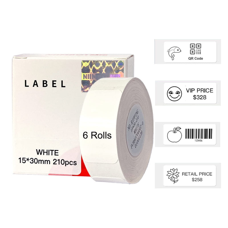 NIIMBOT D11 Labels Tape, 6Rolls 1530mm Waterproof D110 Label Maker Tape, Thermal Barcode Label Printer Paper Stickers (White) 15*30mm--whte*6