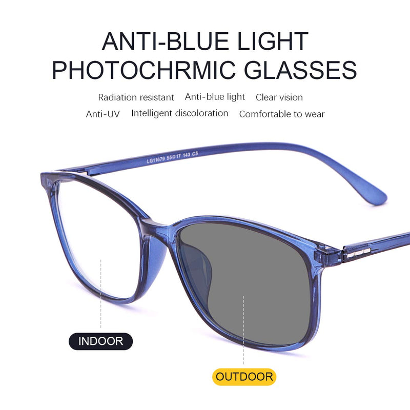 Blue Light Blocking Computer Reading Glasses Photochromic Anti Glare Sunglasses 11679-blue