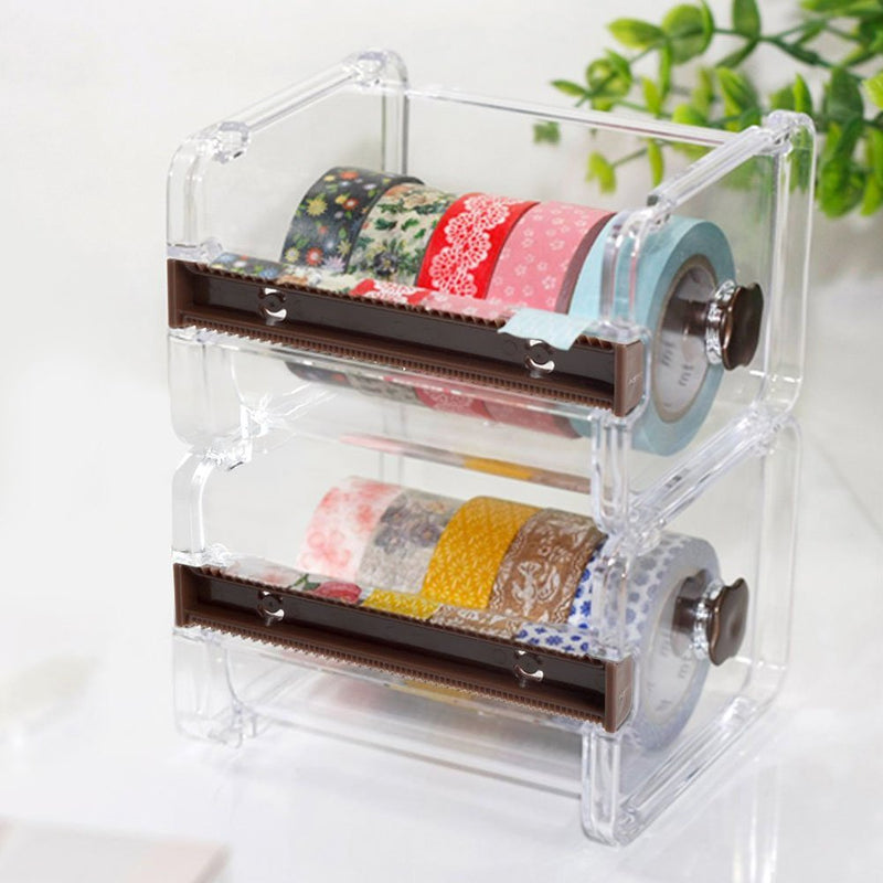 2pcs Portable Transparent Adhesive Tape Dispenser Cutter Desk Washi Tape Holder Storage Box Organizer Office School Stationery Supply (Brown) Brown