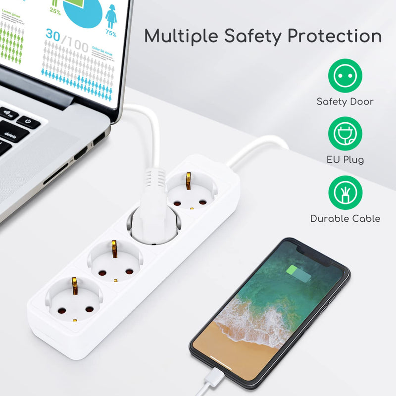 Aigostar power strip 4-way table socket child safety lock 1'5m cable, white