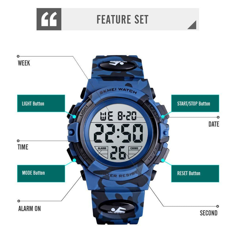 Boys Watch Digital Sports Waterproof Electronic Childrens Kids Watches Alarm Clock 12/24 H Stopwatch Calendar Boy Girl Wristwatch Blue Camo