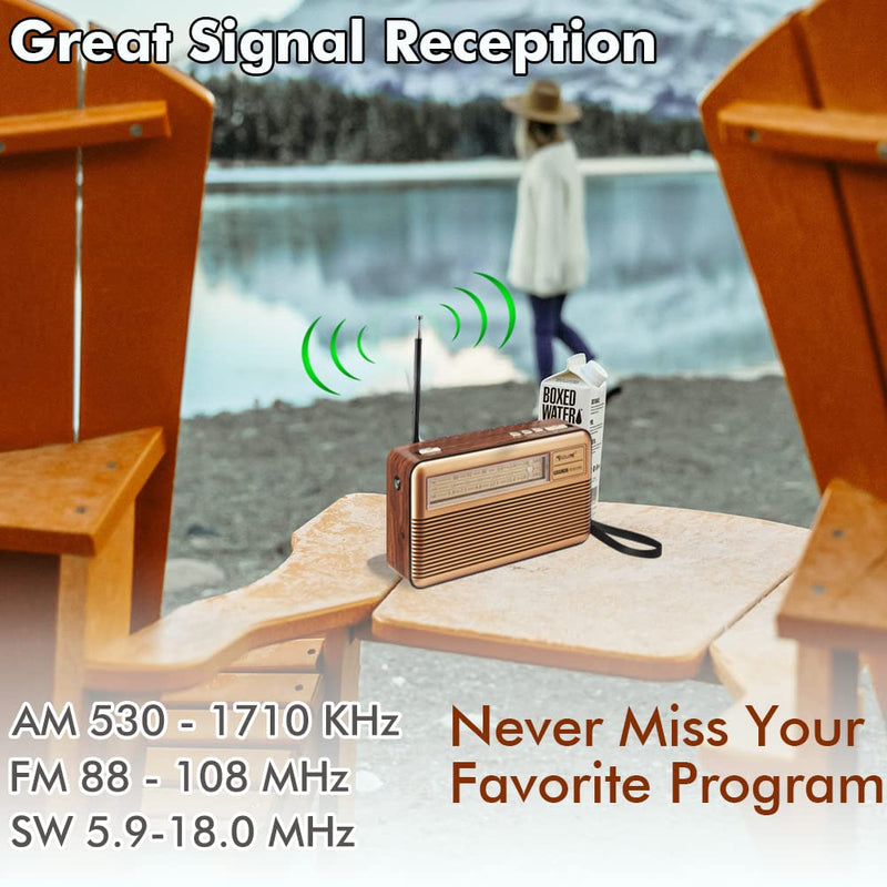 Retro Radio AM FM Shortwave with Bluetooth Speaker, Battery Operated Vintage Radio with Flashlight, Portable Radio with Solar Panel/Aux/USB/TF Card/Input