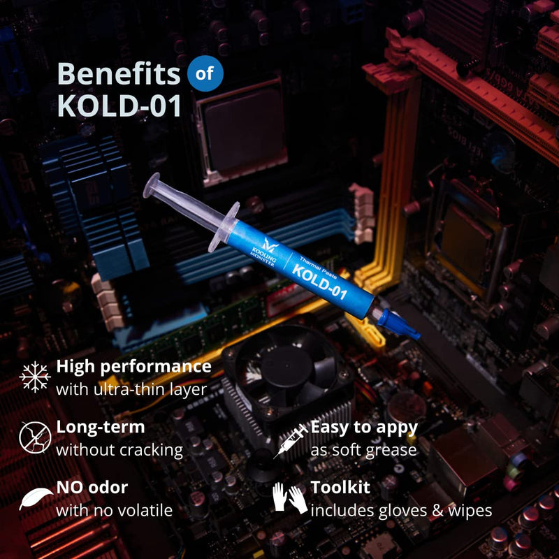 Kooling Monster KOLD-01, High Performance Silicone Thermal Paste for Cooling All CPU/Heatsinks, Silicone Paste Designed for Easy Spreading, Inc. Gloves & Cleaning Wipes, No Odor (0.7ml/1.8g) 0.7ml/1.8g