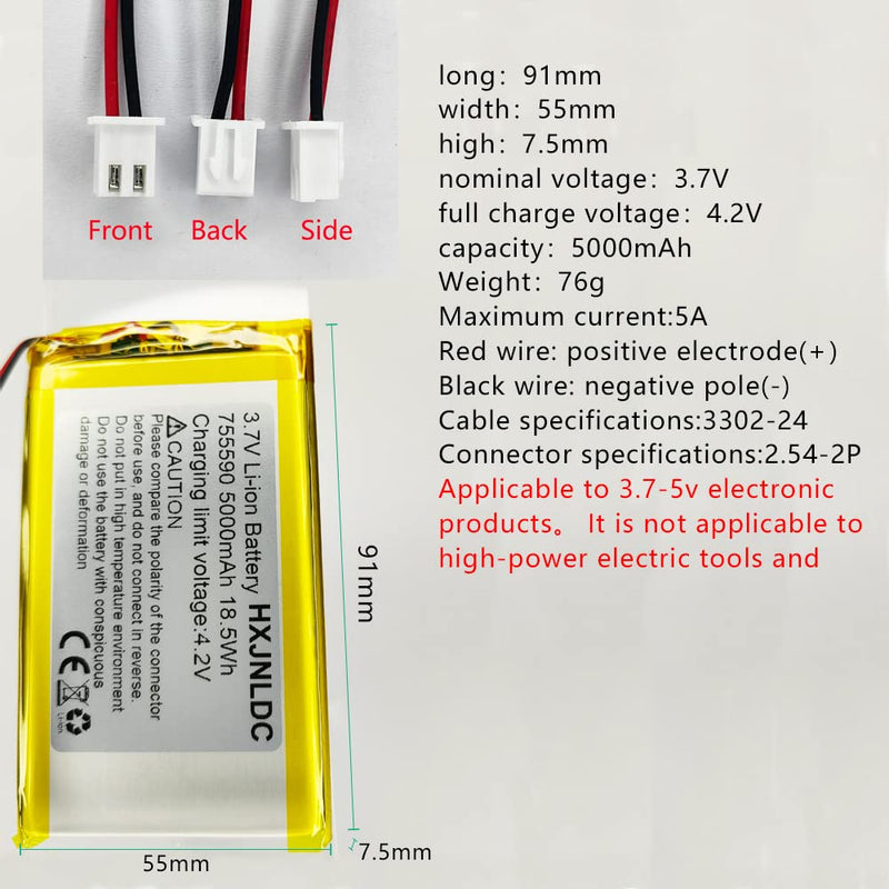 DC 3.7V 5000mAh 755590 li-ion Lithium Ion Polymer Battery Replacement for DIY 3.7-5V Electronic Product, Mobile Energy Storage Power Supply