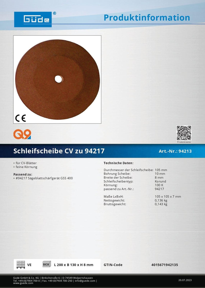 Güde CV grinding wheel – 105 x 10 x 8 mm
