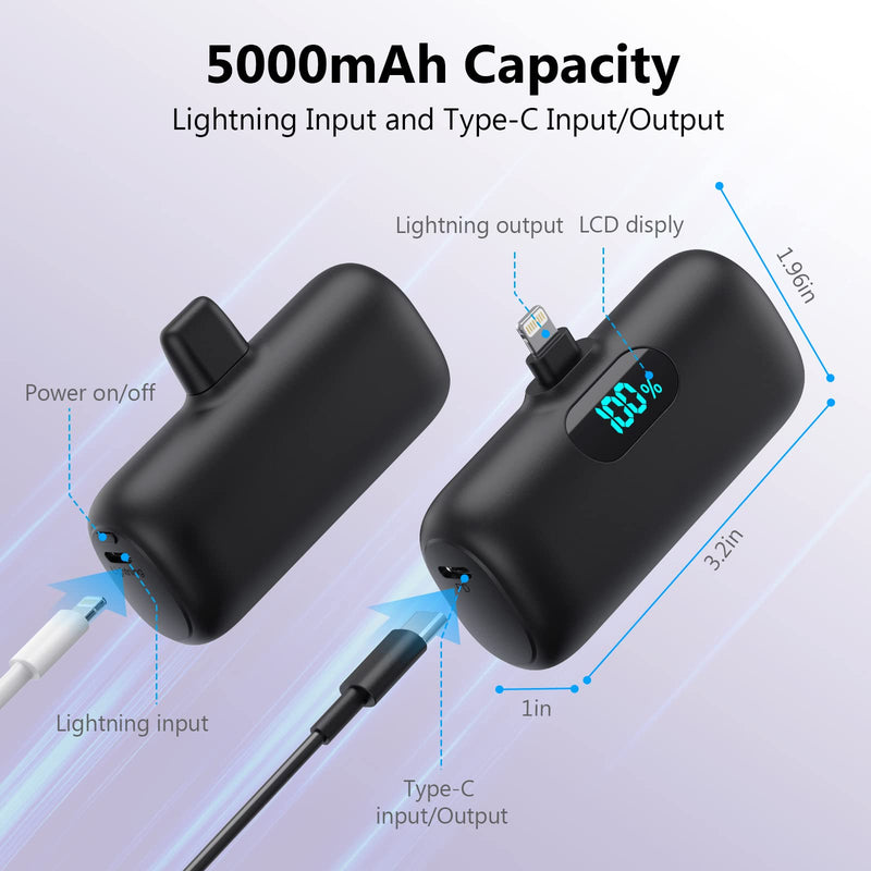 [2 Pack]Mini Portable Charger 5000mAh,Ultra-Compact 15W PD Fast Charging Power Bank,LCD Display Cute Battery Pack Backup Charger Compatible with iPhone 14/14 Pro Max/13/13 Pro/12/XR/8/7/6-Black+White Black+White