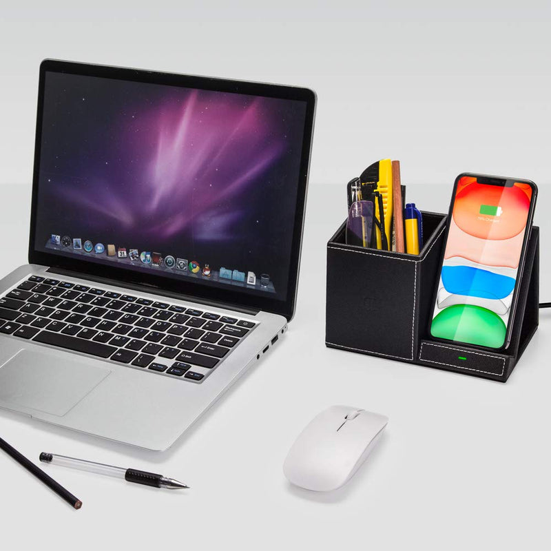 Desk Supplies Organizer, Multi-Functional Pencil Pen Holder with Wireless Charger, Desktop Stationery Organizer, Home Office Supply Storage Box Caddy (Black)