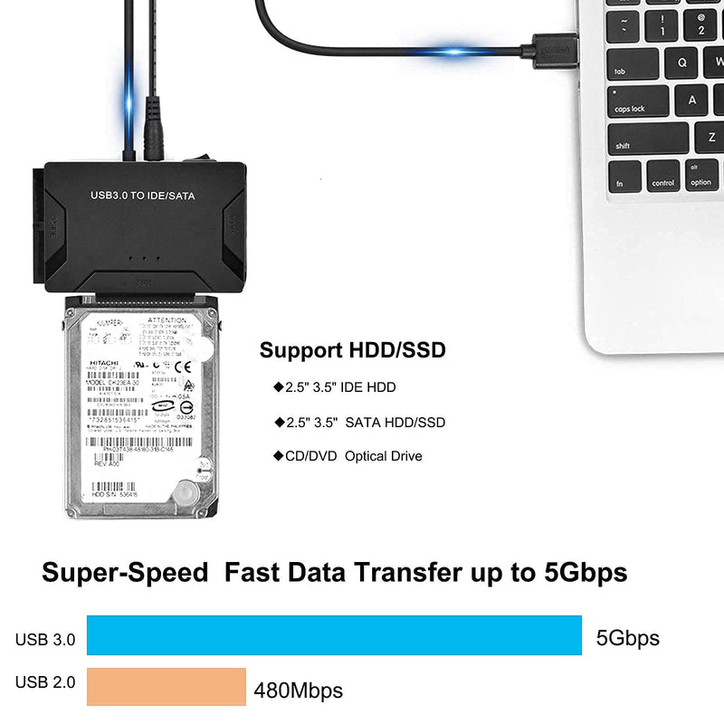 USB 3.0 to IDE/SATA Hard Drive Adapter, External Converter for 2.5" 3.5" IDE SATA HDD SSD DVD Optical Drive Data Transfer, Comes with 12V 2A Power Supply Support 6TB