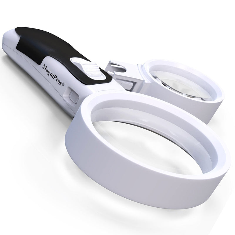 MagniPros Magnifying Glass with Bright LED Lights and 10X + 5X Illuminated 2 Interchangeable Lenses Ideal for Seniors, Maps, Macular Degeneration, Jewelry, Watch & Computer Repair 5X +10X
