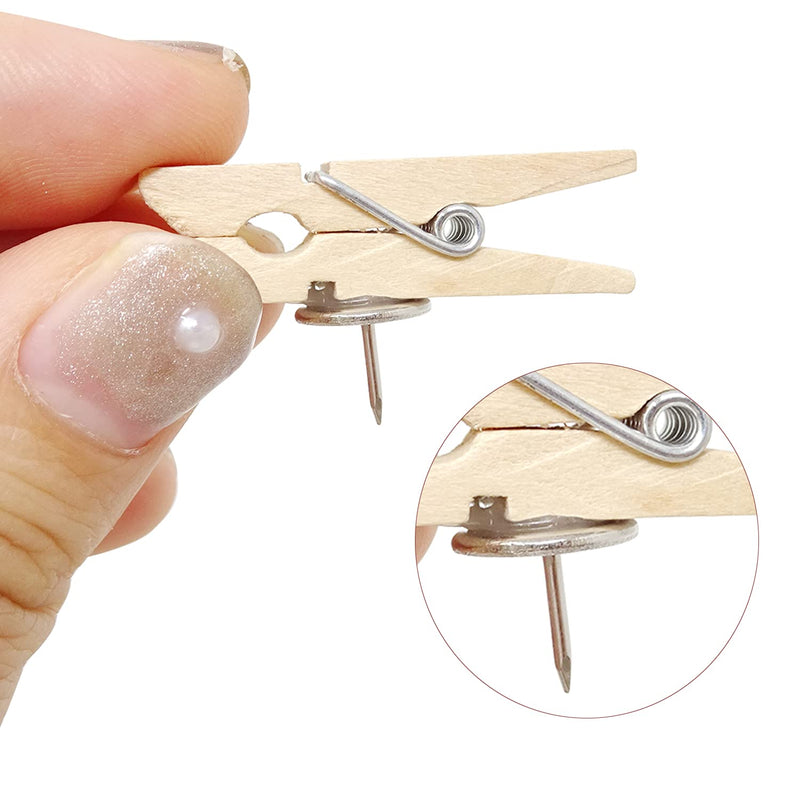 Honbay 50PCS Push Pins with Wooden Clips Thumbtacks Clothespins Paper Clips for Artworks, Notes, Photos
