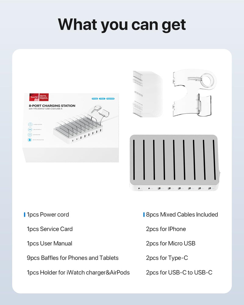 SooPii 8-Port USB-C Charging Station for Multiple Devices, with 1 PD 20W Port Supports Fast Charging, 8pcs Mixed Charging Cables and 1pcs Upgraded Holder for lWatch Charger & Air-Pods, White