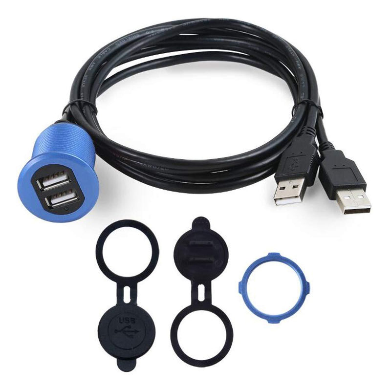 Kework Metal Dual USB 2.0 Ports Mount with Light, 3.3ft 2 Ports USB Male to 2 Ports Female Flush Mount Panel Mount Extension AUX Cable for Car Truck Boat Motorcycle Dashboard (Blue & 3.3ft) Blue & 3.3ft