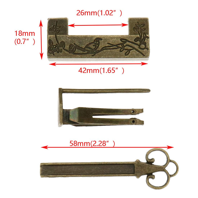 Quluxe Antique Chinese Lock and Key, Flower Bird Carved Retro Padlock Old Vintage Lock with Key for Jewelry Box- Bronze