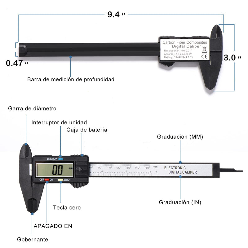 Vinabo digital caliper caliper, 150 mm / 6 inch classic digital caliper with large LCD display for outdoor, indoor and depth measurement, digital caliper, electronic measuring tool