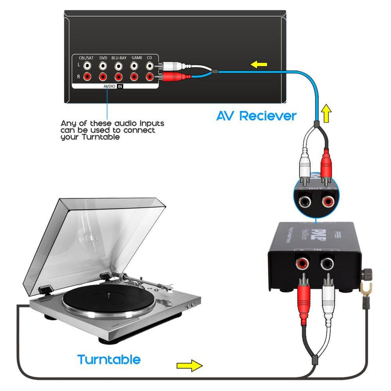 Pyle Phono Turntable Preamp - Mini Electronic Audio Stereo Phonograph Preamplifier with RCA Input, RCA Output & Low Noise Operation Powered by 12 Volt DC Adapter - PP999 , Black Single