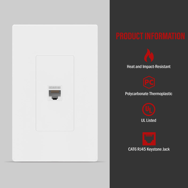 ENERLITES Port Screwless Wall Plate with CAT6 RJ45 Keystone Jack Module, for Voice/Data & Audio/Video Multimedia, Standard Size 1-Gang 4.69" x 2.93", SI8871C-W, White Screwless 1-Port 1 CAT6
