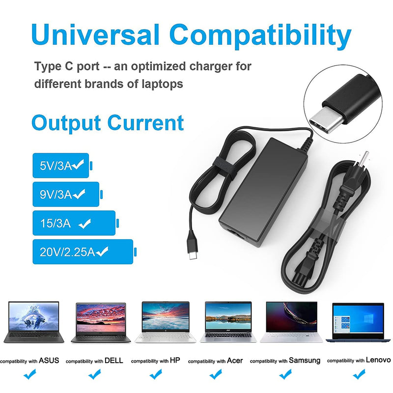 45W USB C Universal Laptop Charger Replacement for Lenovo Chromebook 100e 300e 500e C330 Thinkpad X1 T480s T580 Yoga 720, HP Acer Sumsang Asus Chromebook Series,Dell xps 13 Series,Power Cord Supply.