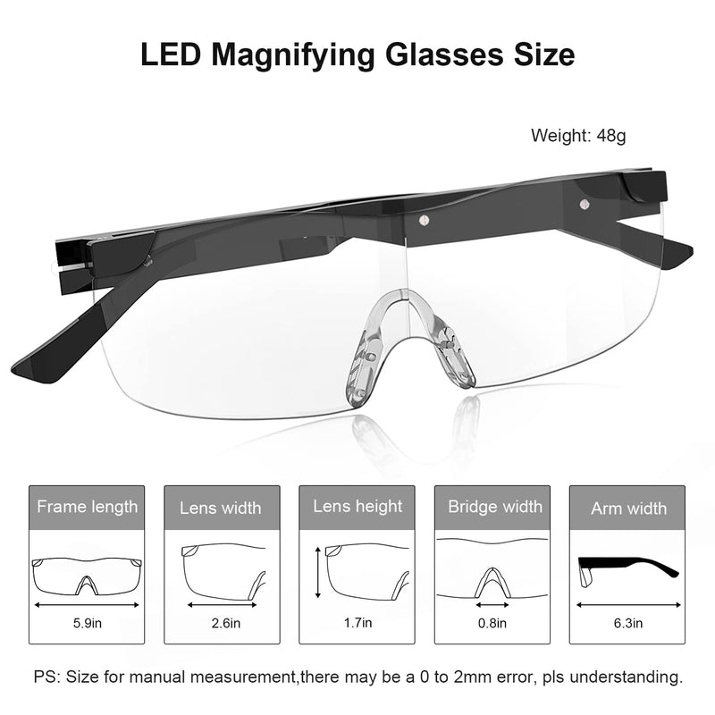 SKYWAY Magnifying Glasses with Light, 160% LED Lighted Rechargeable Magnifier Eyeglasses for Reading Hobbies and Close Work Hands Free Black160