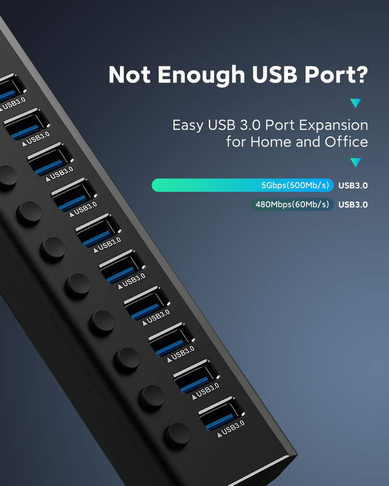 Powered USB Hub 3.0 ikuai Aluminum 10 Port USB 3.0 Data Hub Splitter with 12V/3A 36W Power Adapter and Individual On/Off Switches for Desktop PC Laptop and More
