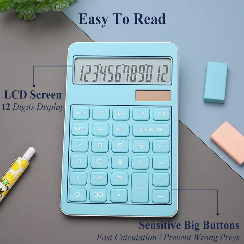 Basic Calculator, SINLOOG 12-Digit Large LCD Display Solar & Battery Desktop Electronic Calculator with Big Sensitive Button, Standard Function Scientific Calculator for Daily, Business, School (Blue) Blue