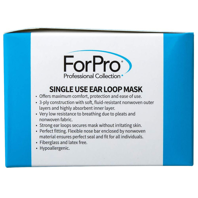ForPro Single Use Ear Loop Mask, 3-Ply Disposable Face Mask with Elastic Ear Loop, Breathable, Non-Woven, Hypoallergenic, Blue, 50-Count
