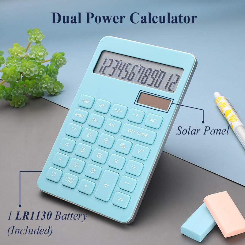 Basic Calculator, SINLOOG 12-Digit Large LCD Display Solar & Battery Desktop Electronic Calculator with Big Sensitive Button, Standard Function Scientific Calculator for Daily, Business, School (Blue) Blue