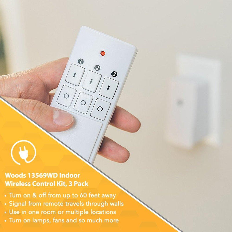 Woods 13569 13569WD Indoor Wireless Remote Kit up to 66 ft. Range, Ideal for Holiday Decorations, Works Through Walls Windows and Doors, Controls up to 3 Devices, 3-Outlet Pack, White/Orange Remote 3-Outlet Pack