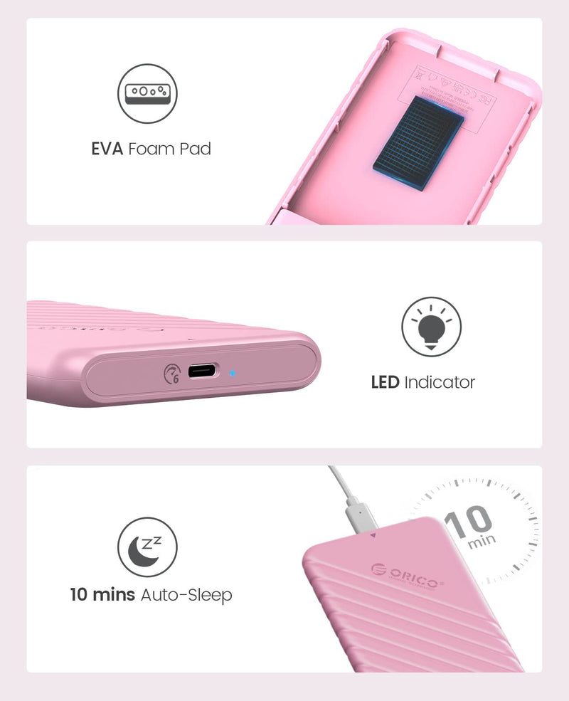 ORICO 2.5 inch USB C Hard Drive Enclosure USB 3.1 Gen 2 to SATA III External Hard Drive Case for SSD HDD 9.5 7mm Tool-Free with UASP, Pink (25PW1-C3) 25PW1-C3-PK