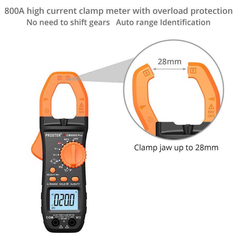 Proster Digital Clamp Meter TRMS 6000counts, 800A DC AC Current AC/DC Voltage NCV Continuity Capacitance Resistance Frequency Diode Hz Test, with1 PairTest Leads 1 Pair Alligator Clips