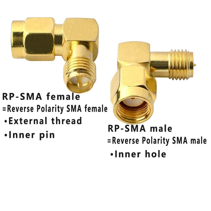 BOOBRIE 90 Degree Reverse Polarity SMA Coax Adapter RP SMA Male (Hole) to RP SMA Female (Pin) Right Angle Connector RP-SMA to RP-SMA Adapter for Audio FPV Drone Antennas Radio Video Mobile Pack of 2