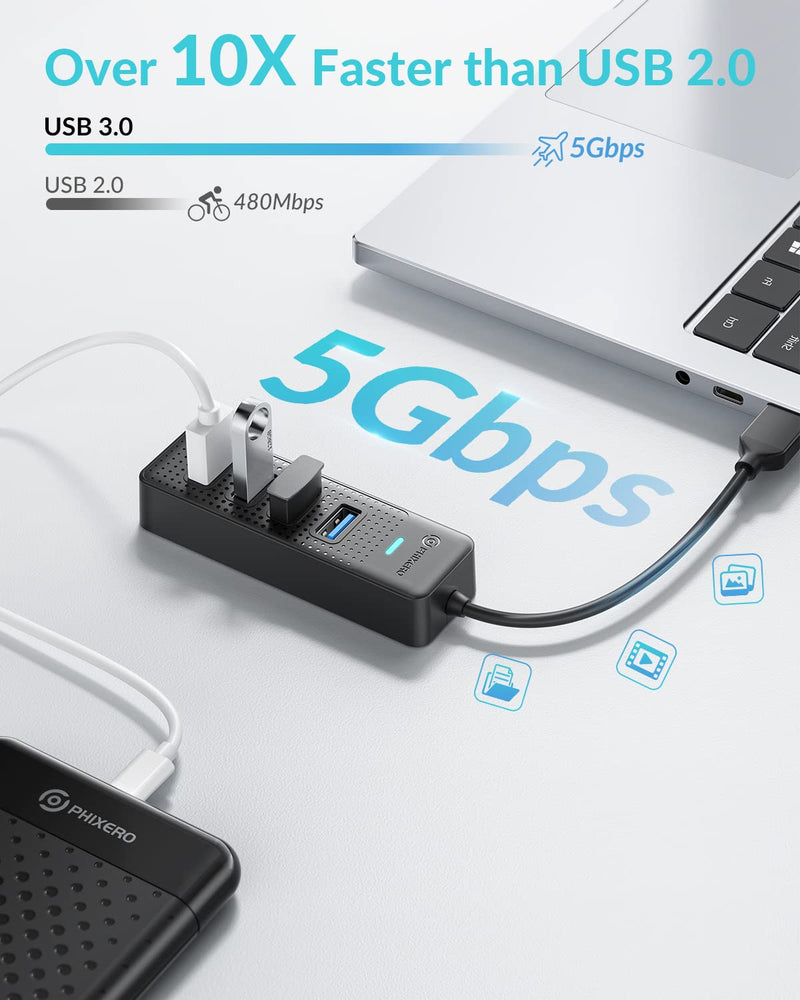 USB Hub, PHIXERO 4-Port USB 3.0 Hub Multi USB Port Expander, Fast Data Transfer USB Splitter for Laptop, Compatible with All USB Port Device