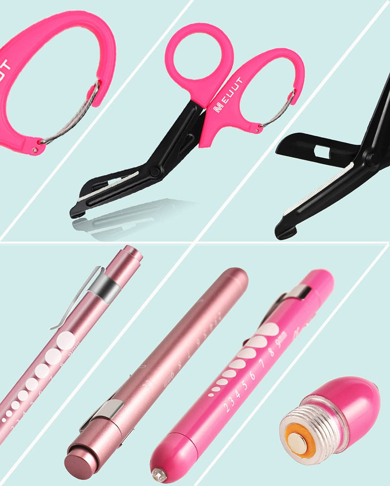 MEUUT 3 Pack Medical Scissors Penlights for Nurses-Two Medical Pen lights with Pupil Gauge, One 7.5" Trauma shears Bandage Scissors with Carabiner-Nurse Accessories for Nurse Doctor Pink scissor+Pink&Light pink penlight