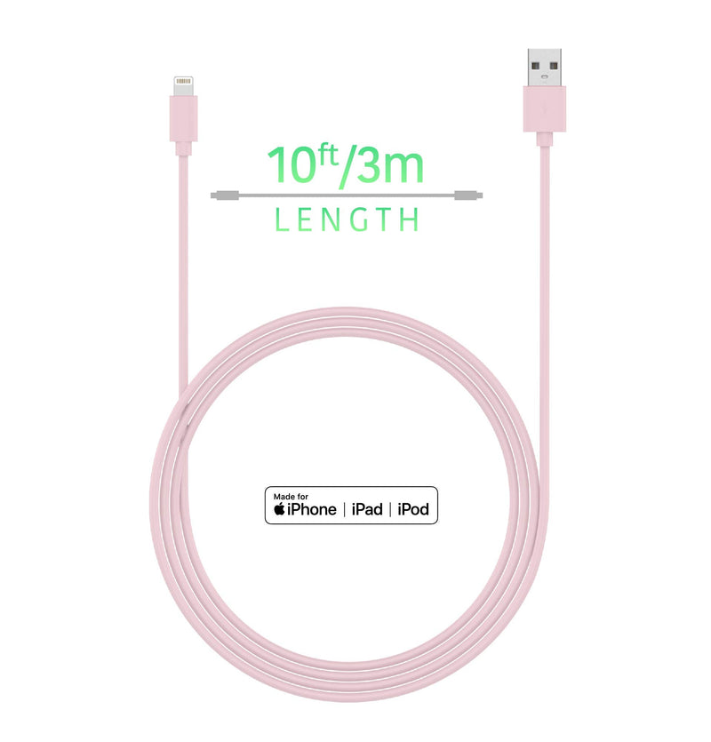 TALK WORKS iPhone Charger Lightning Cable 10ft Long Heavy Duty Cord MFI Certified for Apple iPhone 13, 12, 11 Pro/Max/Mini, XR, XS/Max, X, 8, 7, 6, 5, SE, iPad, AirPods, Watch - Pink Pale Pink