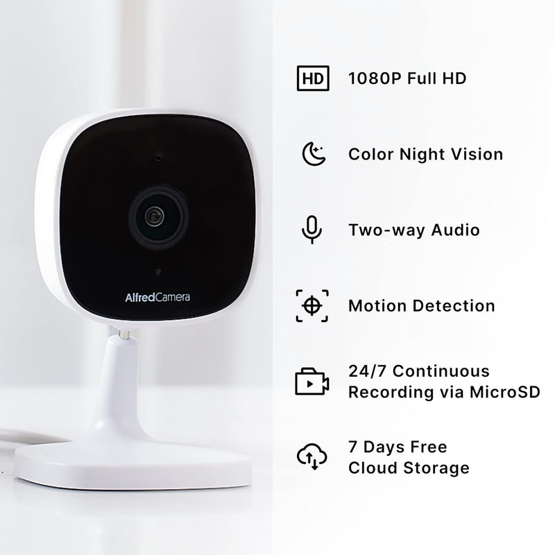 AlfredCamera Indoor Security Bullet Camera -AlfredCam, Plug-in Baby Monitor/Pet Cam- 1080P, Night Vision, Wide-Angle View, Continuous Recording, and Stick-On Mount - Works with Alfred Camera App 2023 ver.