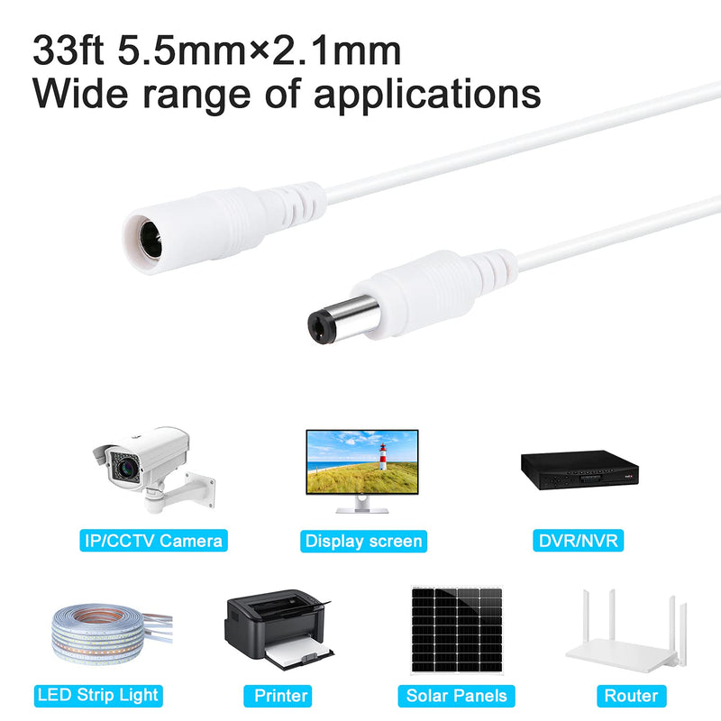WILDHD DC Power Extension Cable 33ft 2.1mm x 5.5mm Compatible with 12V DC Adapter Cord for CCTV Security Camera IP Camera Standalone DVR (33ft,DC5.5mm Plug White)